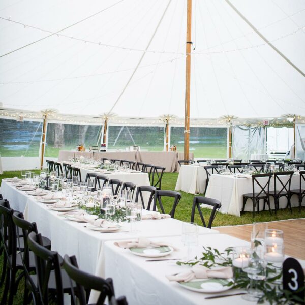 black cross back chair rentals in sailcloth tent at chesterwood studio in the berkshires ma