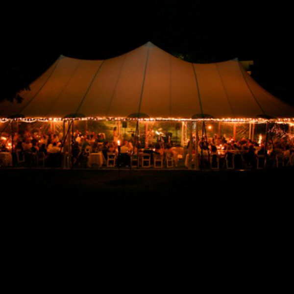 sailcloth tent rental with tent lighting for outdoor wedding in massachusetts