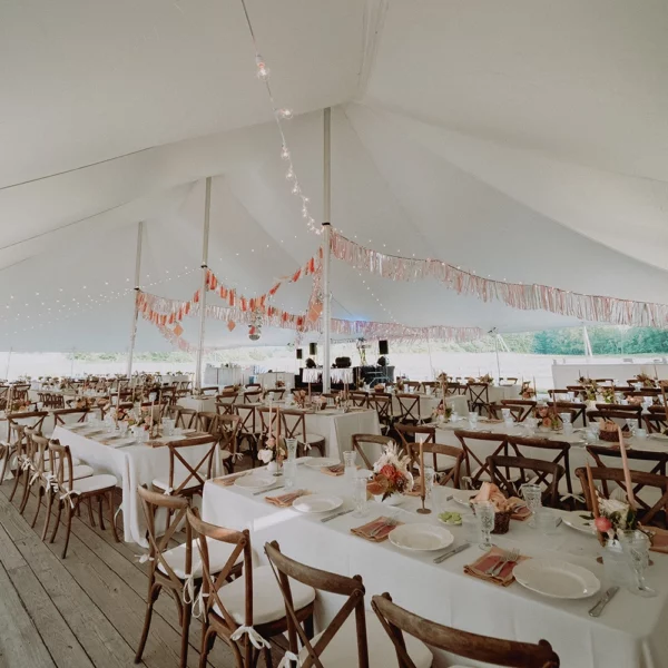 large standard pole tent with tables and chairs for a wedding in the berkshires, Hancock Shaker Village