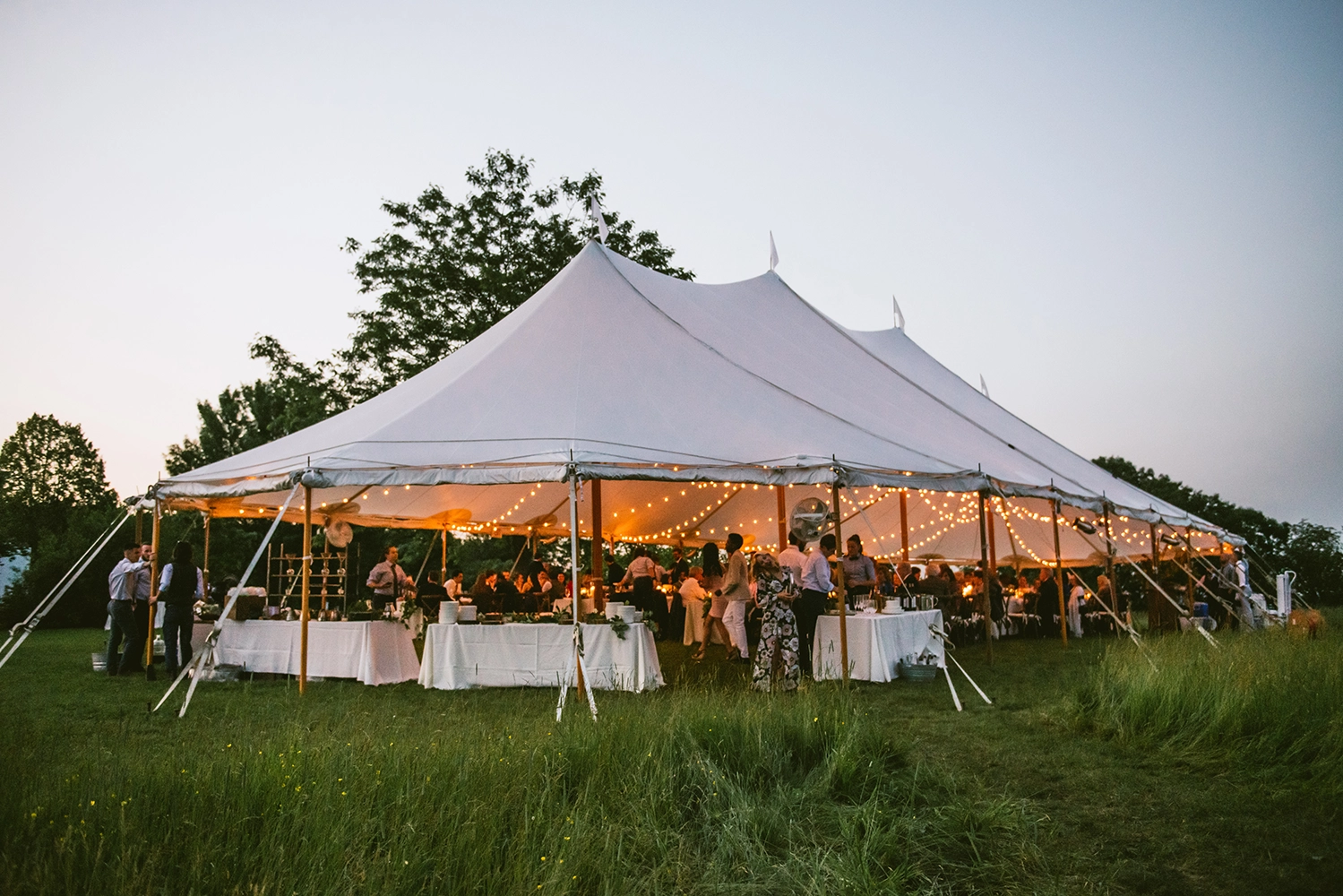 Sail cloth tents for outdoor wedding at private property in western massachusetts