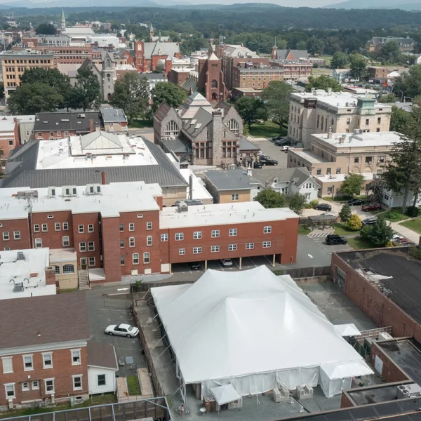 large standard pole tent installed in for the Colonial Theater in the berkshires, ma