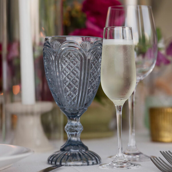blue glassware carousel goblet tabletop rentals