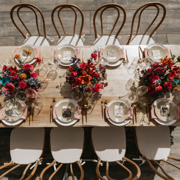 bentwood chair and wood table rental gold flatware textured coupe glass tablescape design at winbrooke in tyringham, ma