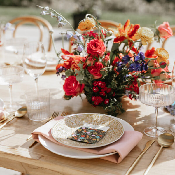 wood table rental gold flatware textured coupe glass tablescape design at winbrooke in tyringham, ma