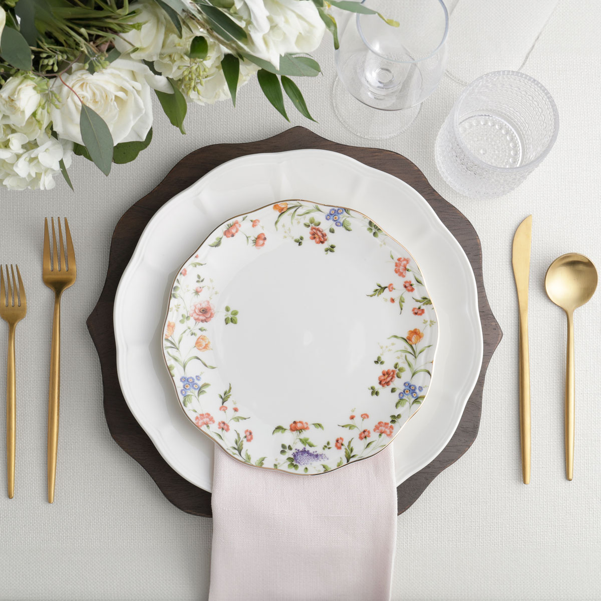 floral china rental table decor place setting