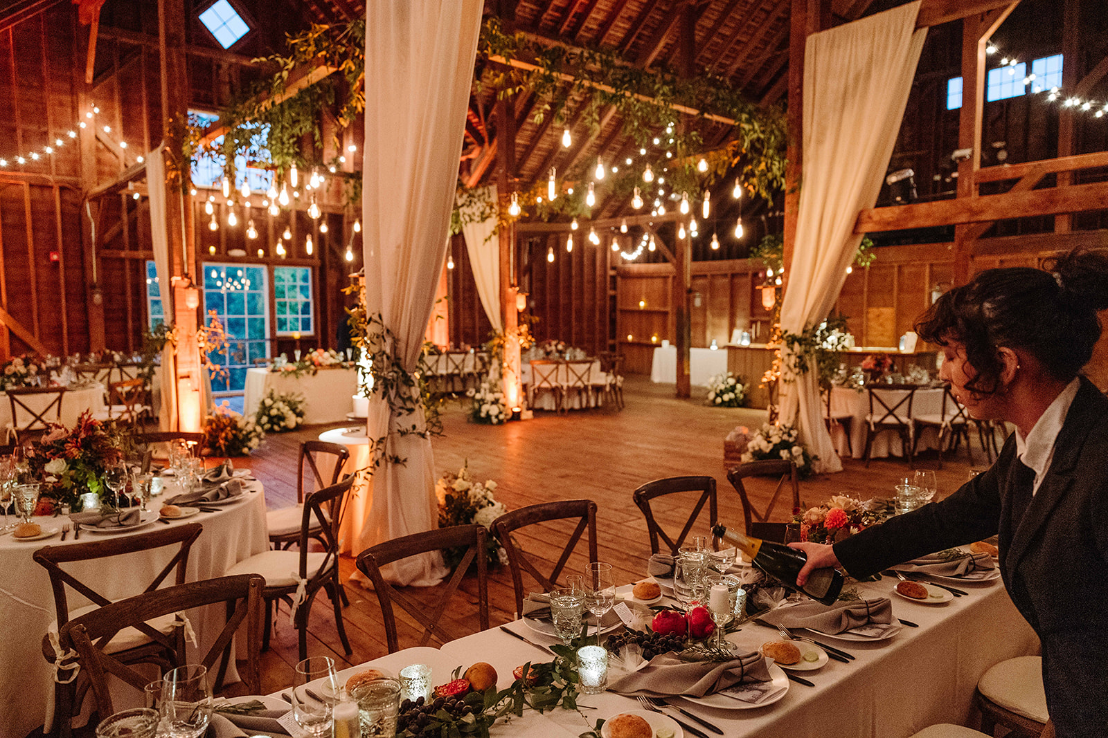 barn wedding in the berkshires with event lighting