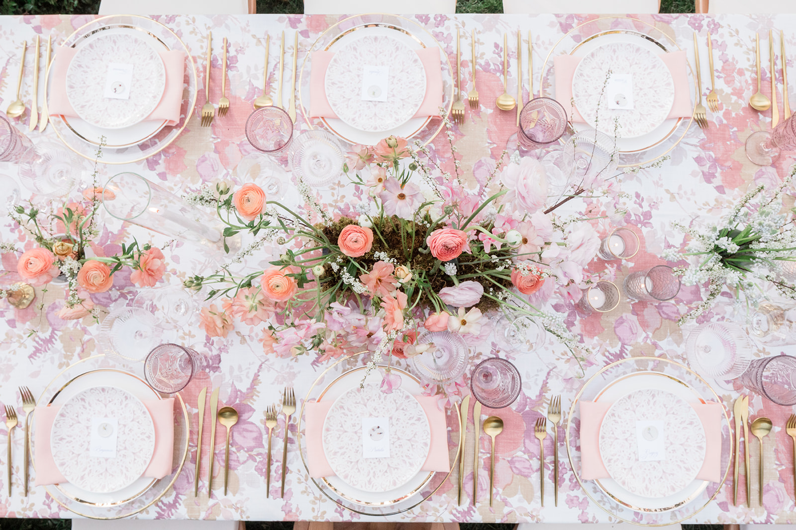 Tabletop rentals with pink and florals. Inspiration for Easter Dinner and Jewish Passover celebrations.